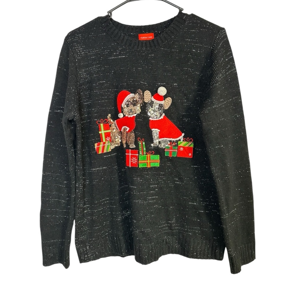 Holiday Lane Christmas Sweater Dogs Sequins Black Metallic Silver Size‎ Medium